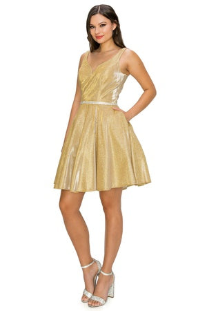 Cinderella Couture Juniors Vestido de dama de honor junior con cuello en V dorado XS-3XL